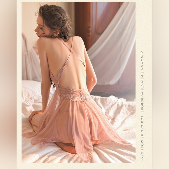 French Sexy Lace Gauzy Slip + G-string - Picture 2 of 6